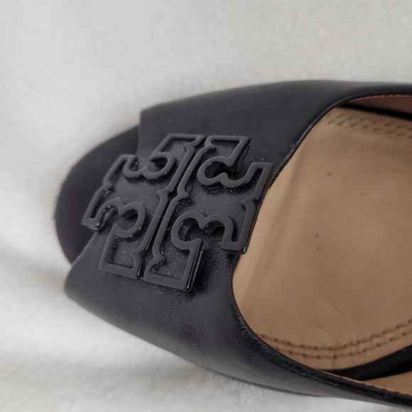 Tory Burch Black Pebble Leather Chelsea Wedge Heels Size 10.5 W peeptoe - Picture 3 of 11